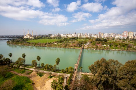 Photo of Adana central Sabanci Mosque with Seyhan river, Turkey.
