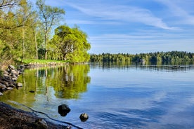 Early autumn morning panorama of the Port of Turku, Finland, with Turku Castle at background.