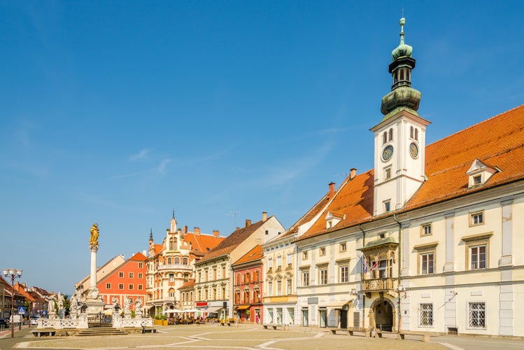 View at the Main square with Town hall building and Column Plague in Maribor, Slovenia