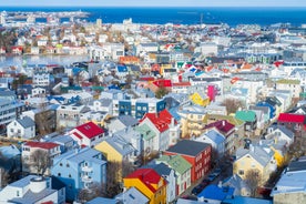 Panoramic view of Reykjavik, the capital city of Iceland, with the view of harbor and mount Esja.