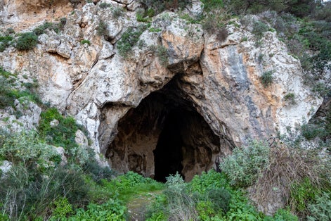 Photo of Entrance to Nestor's cave near Voidokilia Beach and Gialova Lagoon. Pylos-Nestor, Messenia, Peloponnese, Greece.