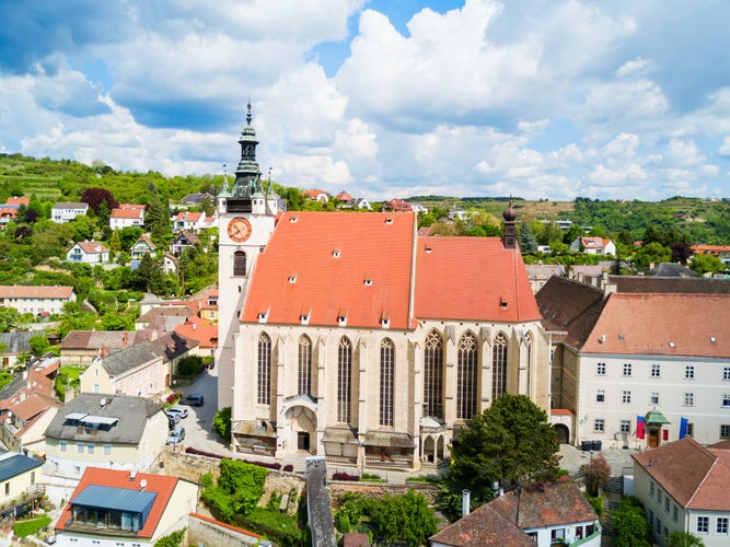 Piaristenkirche aerial panoramic view in the city of Krems an der Donau, Austria