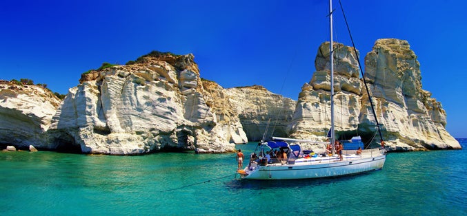 photo of view of Greek holidays - beautiful island Milos - Kleftiko bay, Greece.