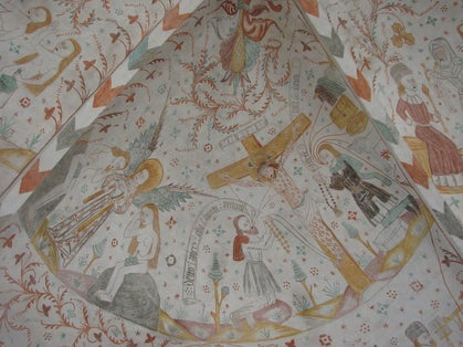 Photo of Fresco depicting Christ on the cross in Keldby Church, famous for its frescoes, is located on the main road to Møns Klint in the village of Keldby, Denmark.