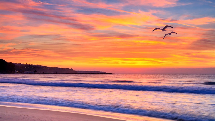 Photo of the beach with views of the sunrise over the sea, near the city of Varna, on the Black Sea coast of Bulgaria.