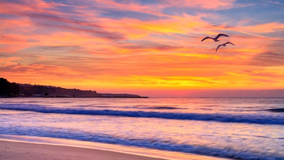 Photo of the beach with views of the sunrise over the sea, near the city of Varna, on the Black Sea coast of Bulgaria.