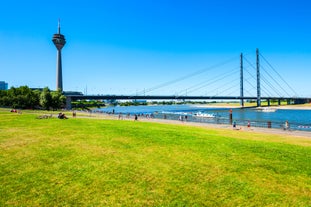 Photo of aerial view of the city ,Rheinturm and Media Harbour district in Dusseldorf city in Germany.