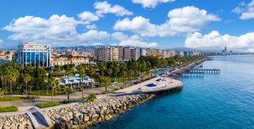 Photo of panoramic aerial view of Kalamis beach and bay in the city of Protaras, Cyprus.