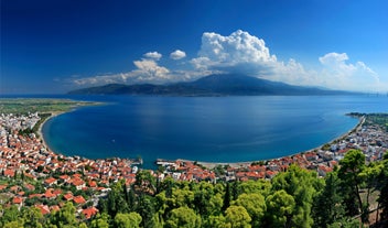 Photo of aerial view of Aigio city in Greece.