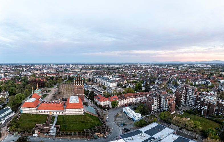 Photo of Drone panorama of the Hessian university city Darmstadt in Germany in the morning light .