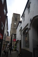 Photo of historic town houses at night on Quay Side in Norwich, Norfolk, United Kingdom.