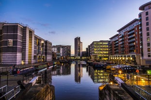 Photo of panoramic aerial view of Salford Quays, Manchester, UK.