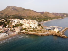 Photo of aerial view of beautiful coastal landscape with old town of Gaeta, Italy.