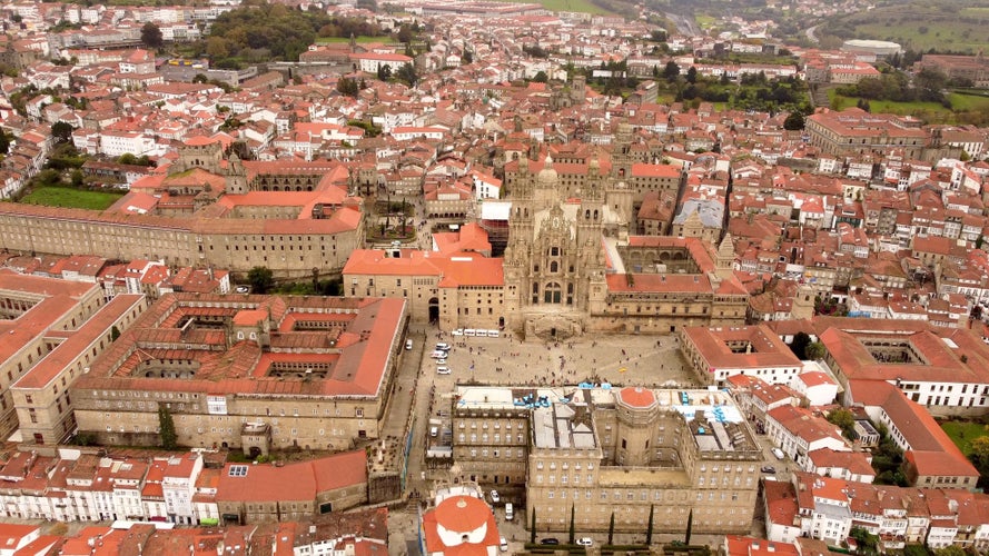 Photo of aerial panoramic view in Santiago de Compostela city in Galicia, Spain.