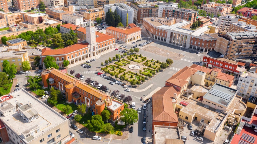 Photo of aerial view of Piazza del Popolo and historical center of Latina, Italy.