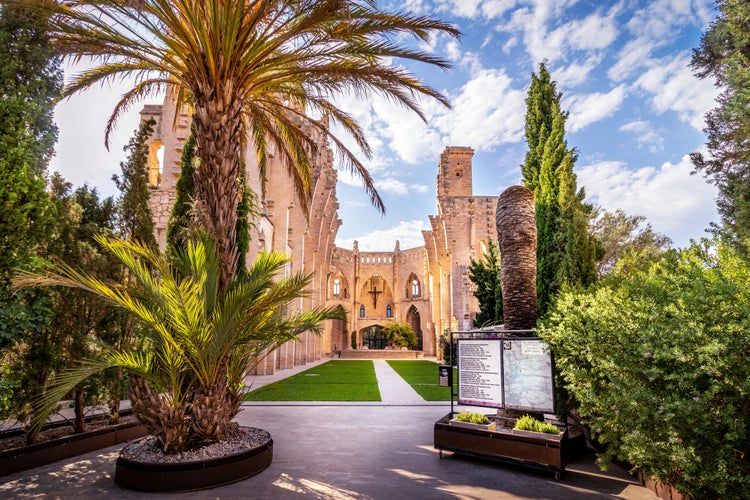 Esglesia Nova Spanish church without roof, entrnce of palm trees leading into garden, sunny day with blue sky and white clouds, Son Servera, Mallorca, Spain.