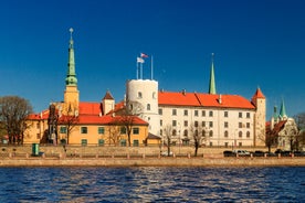 Scenic summer view of the Old Town and sea port harbor in Tallinn, Estonia.