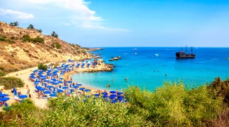 Photo of panoramic aerial view of Kalamis beach and bay in the city of Protaras, Cyprus.