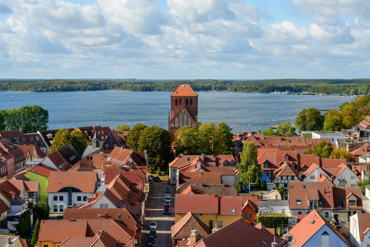 Photo of aerial view of the town Waren "Mueritz" at the Mecklenburg Lake District, Germany.