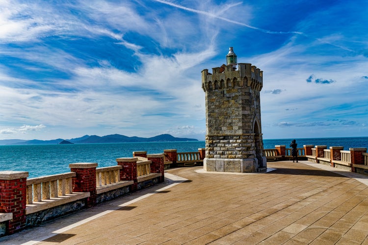 Photo of landscape from Piazza Bovio Piombino Tuscany Italy In the background the coasts of the island of Elba.