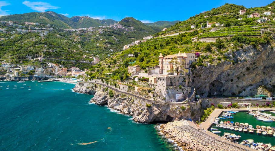 Amazing aerial view of Maiori and Minori along Amalfi Coast in summer season, Italy. Drone viewpoint.
