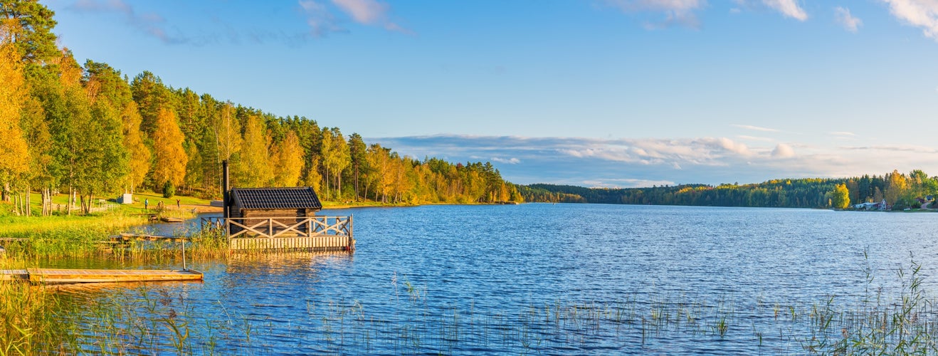 photo of Nossen lake panorama in autumn in Vimmerby, Sweden.