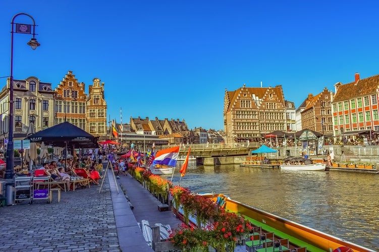 Photo of view of Graslei quay and Leie river in the historic city center in Ghent (Gent), Belgium.