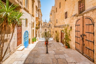 Aerial view of Lady of Mount Carmel church, St.Paul's Cathedral in Valletta embankment city center, Malta.