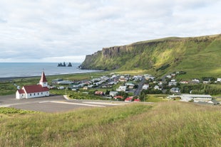 Photo of aerial view of the town of Seyðisfjörður and the port, Iceland.