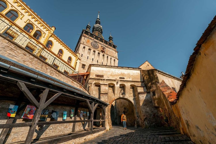 Sighisoara, Transylvania, Romania with famous medieval fortified city and the Clock Tower built by Saxons.