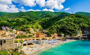 Photo of aerial view of Levanto or Levante, a beautiful fishing village in Liguria, Italy.