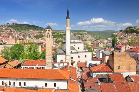 Photo of aerial view of the Gazi Husrev-bey Mosque in the city of Sarajevo Bosnia and Herzegovina.