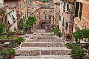 Aerial panoramic cityscape of Rome, Italy, Europe. Roma is the capital of Italy. Cityscape of Rome in summer. Rome roofs view with ancient architecture in Italy. 