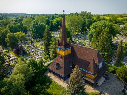photo of view of the Wooden Church, Miskolc, Hungary.