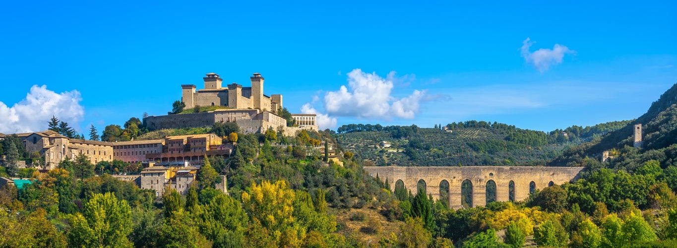 Spoleto, Ponte delle Torri roman bridge and Rocca Albornoziana medieval fortress. Umbria, Italy, Europe.