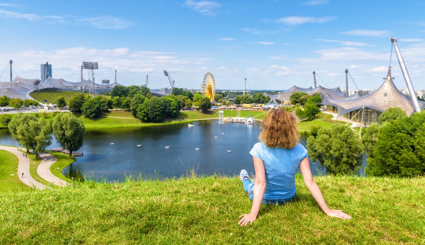 Photo of tourist girl in olympic Park, Munich, Germany.