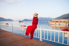 Photo of Marmaris marina with yachts aerial panoramic view in Turkey.