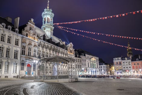 The central square and town hall in Mons, capital of the Wallonian province of Hainaut in Belgium.