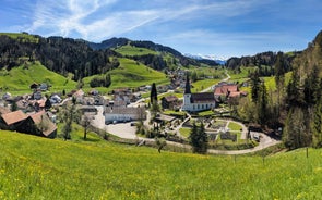 Panoramic view of historic Zurich city center with famous Fraumunster, Grossmunster and St. Peter and river Limmat at Lake Zurich on a sunny day with clouds in summer, Canton of Zurich, Switzerland