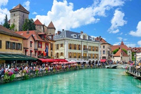 Photo of morning cityscape view with mountains, river and bridge in Grenoble city on the south-east of France.