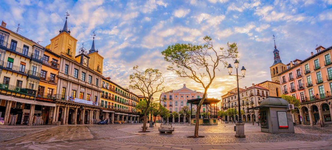 The Plaza Mayor of Segovia, Spain. This is the main square of the city where town hall, cathedral, and the main theater are located.