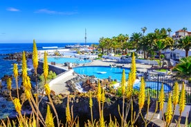 Photo of aerial view with Puerto de la Cruz, in background Teide volcano, Tenerife island, Spain.