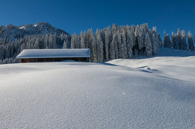 Photo of beautiful winter landscape in Schwyz, Switzerland.