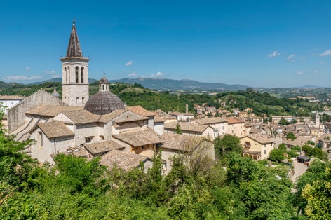 Panoramic aerial view of the historic center of Spoleto, Italy