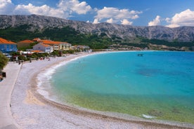 Photo of panoramic aerial view of Baska town, Krk, Croatia.