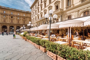 Aerial panoramic cityscape of Rome, Italy, Europe. Roma is the capital of Italy. Cityscape of Rome in summer. Rome roofs view with ancient architecture in Italy. 