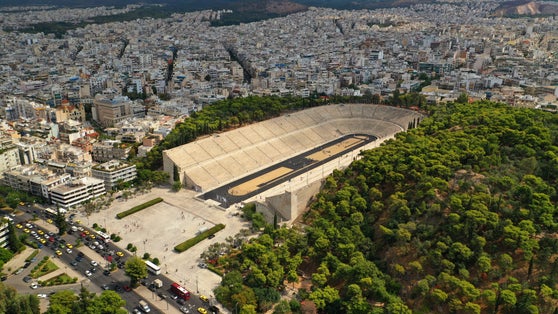Photo of aerial drone photo of iconic ancient Panathenaic stadium or Kalimarmaro birthplace of the original Olympic games, Athens historic centre, Attica, Greece.