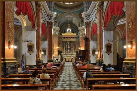 Aerial view of Lady of Mount Carmel church, St.Paul's Cathedral in Valletta embankment city center, Malta.