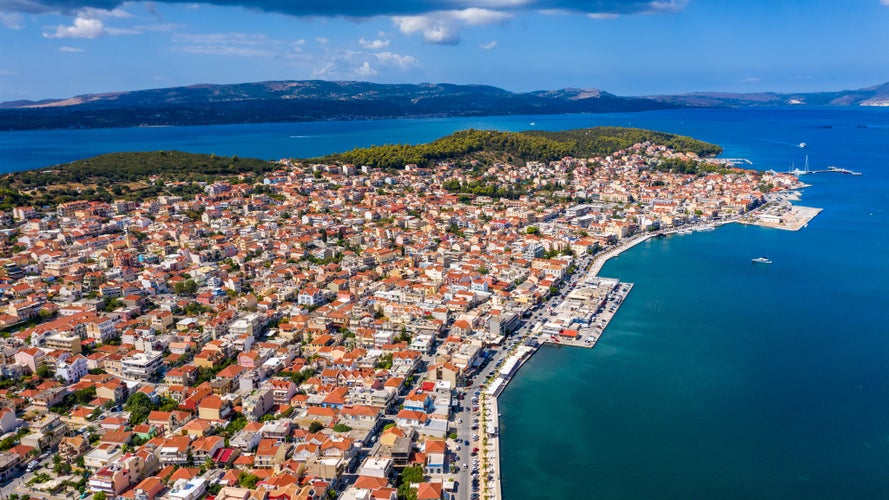 Photo of Aerial drone view of Argostoli (Argostolion), famous city with beaches and capital of Cefalonia (Kefalonia) island, Ionian islands, Greece.