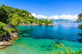 Photo of panoramic aerial view of town Rapallo in Liguria, Italy.